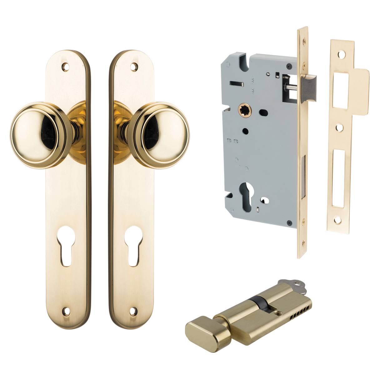 Paddington Knob Oval Backplate Entrance Kit w High Security Lock Polished Brass