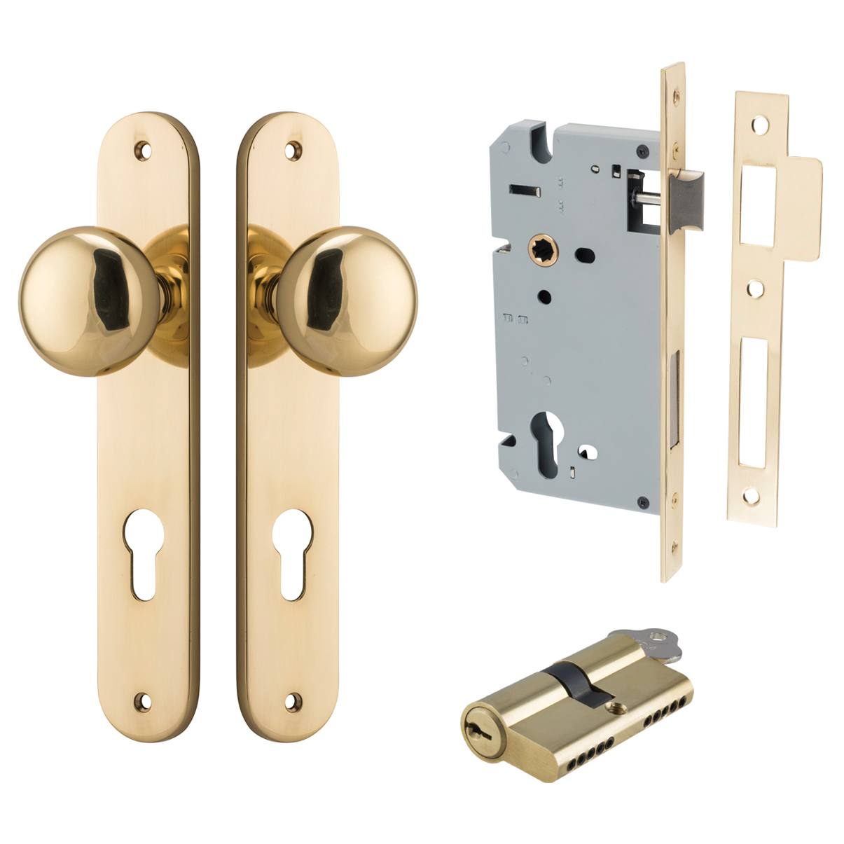 Cambridge Knob Oval Backplate Entrance Kit w High Security Lock Polished Brass