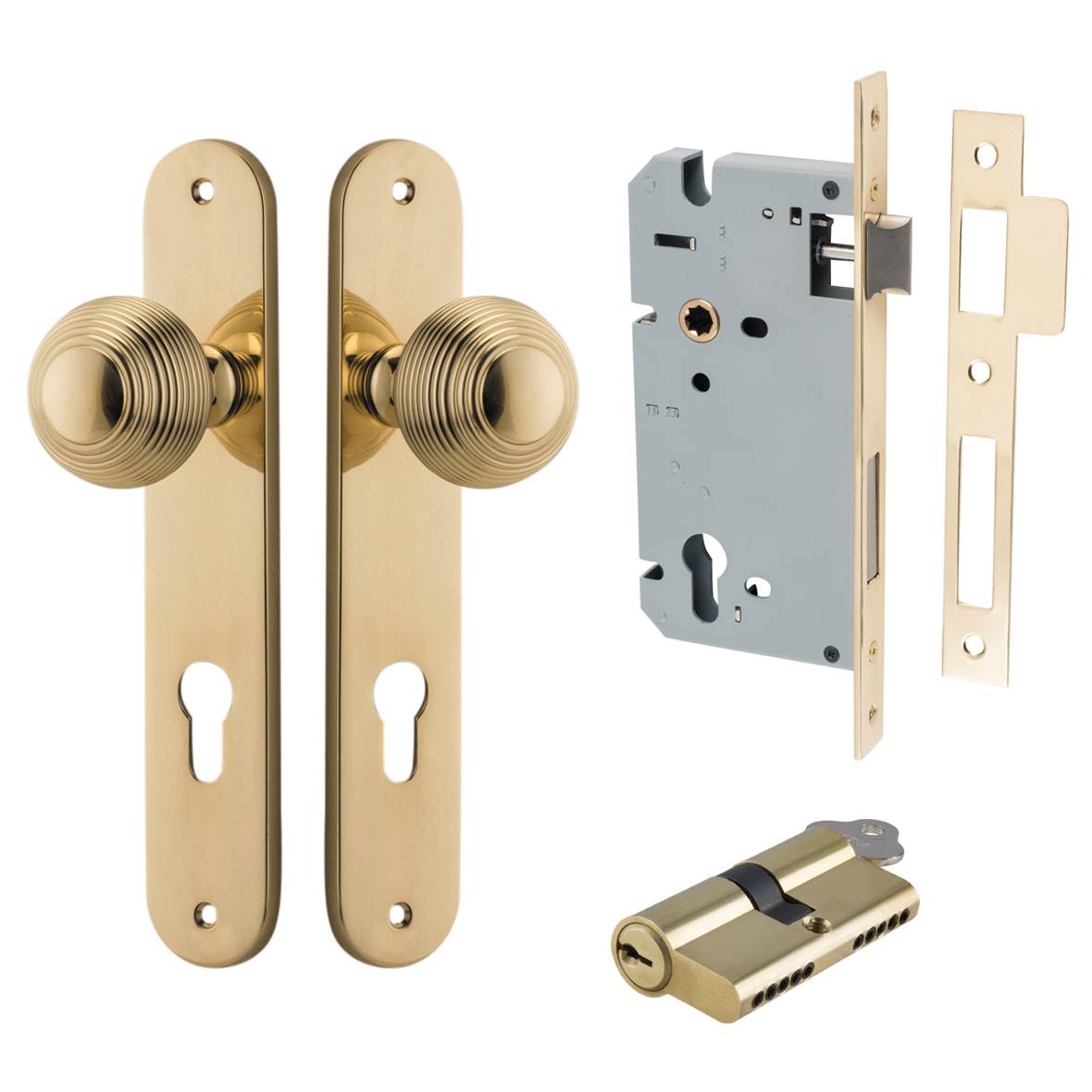 Guildford Knob Oval Backplate Entrance Kit w High Security Lock Polished Brass
