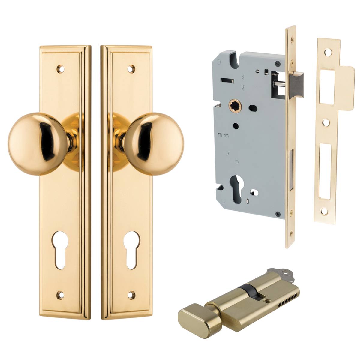 Cambridge Knob Stepped Backplate Entrance Kit w High Security Lock Polished Brass