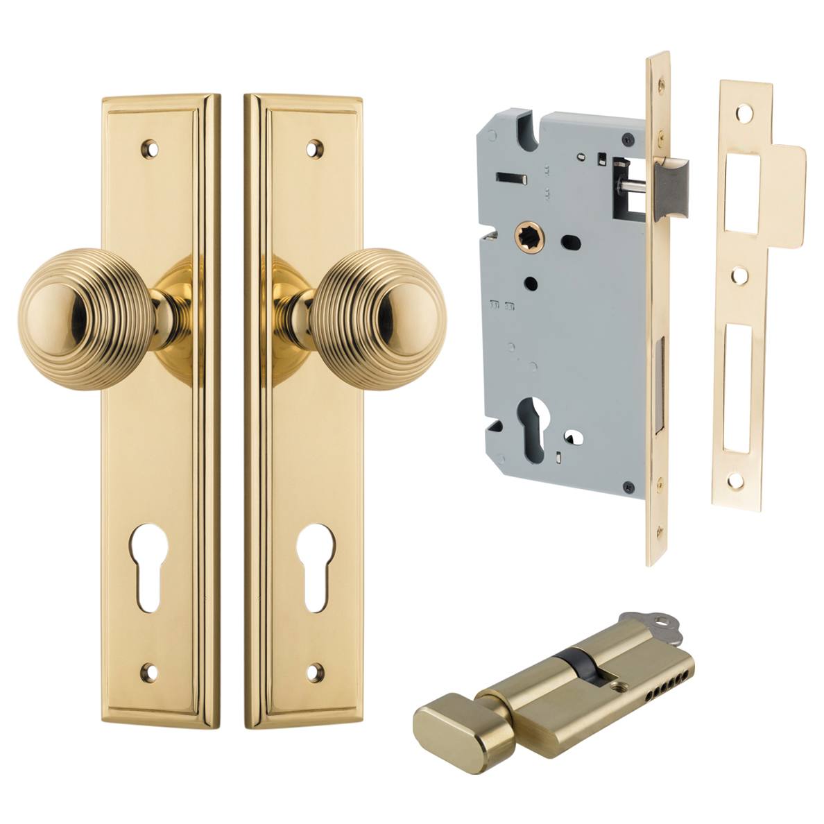 Guildford Knob Stepped Backplate Entrance Kit w High Security Lock Polished Brass