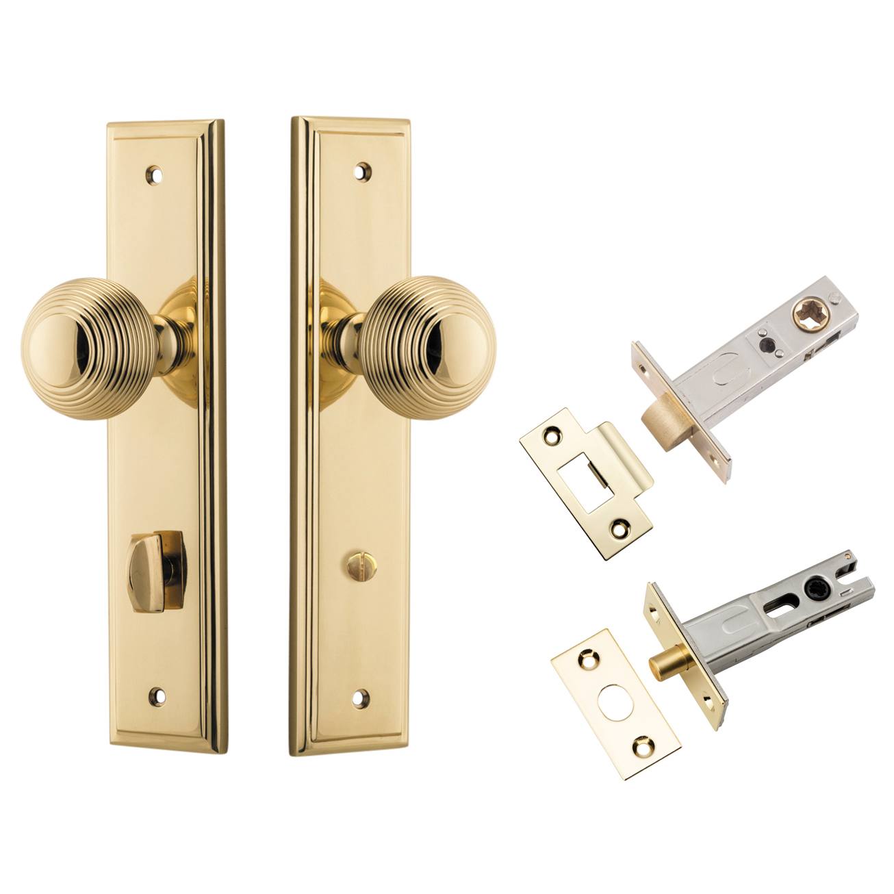 Guildford Knob Stepped Backplate Privacy Kit w Privacy Turn Polished Brass