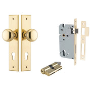Cambridge Knob Chamfered Backplate Entrance Kit w High Security Lock Polished Brass
