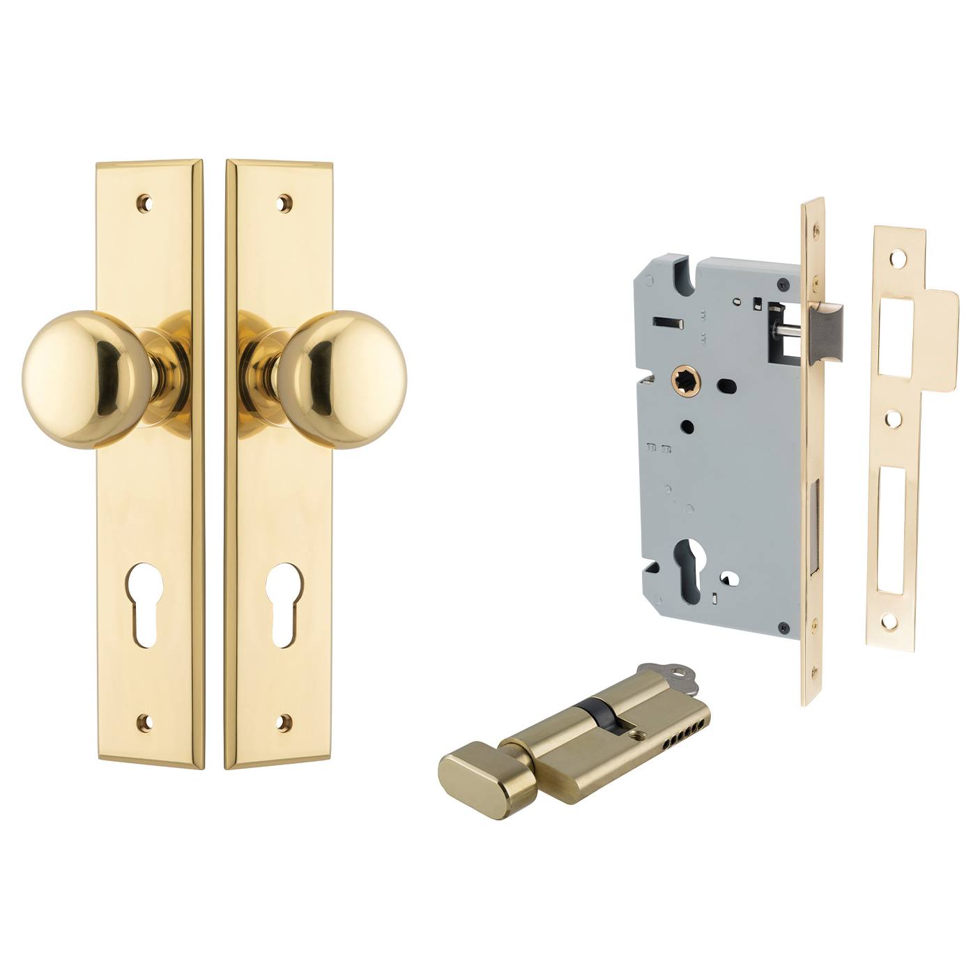 Cambridge Knob Chamfered Backplate Entrance Kit w High Security Lock Polished Brass