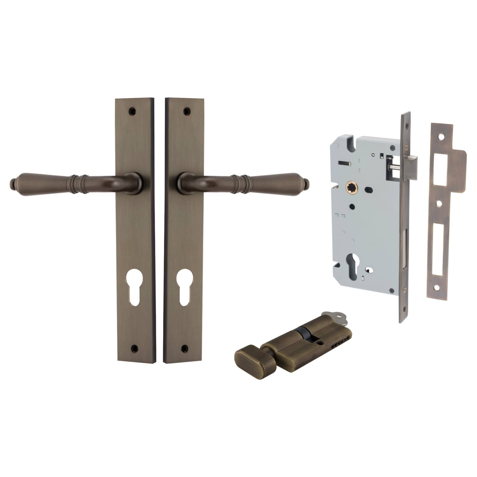 Sarlat Lever Rectangular Backplate Entrance Kit w High Security Lock Signature Brass