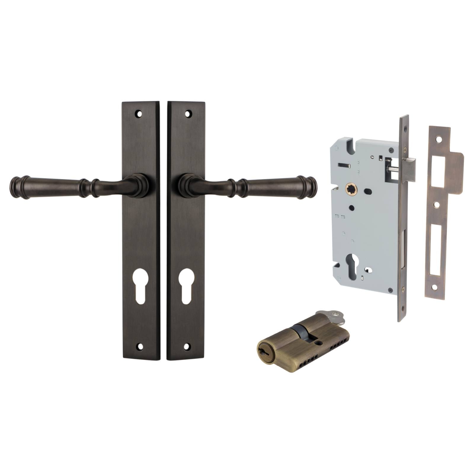 Verona Lever Rectangular Backplate Entrance Kit w High Security Lock Signature Brass