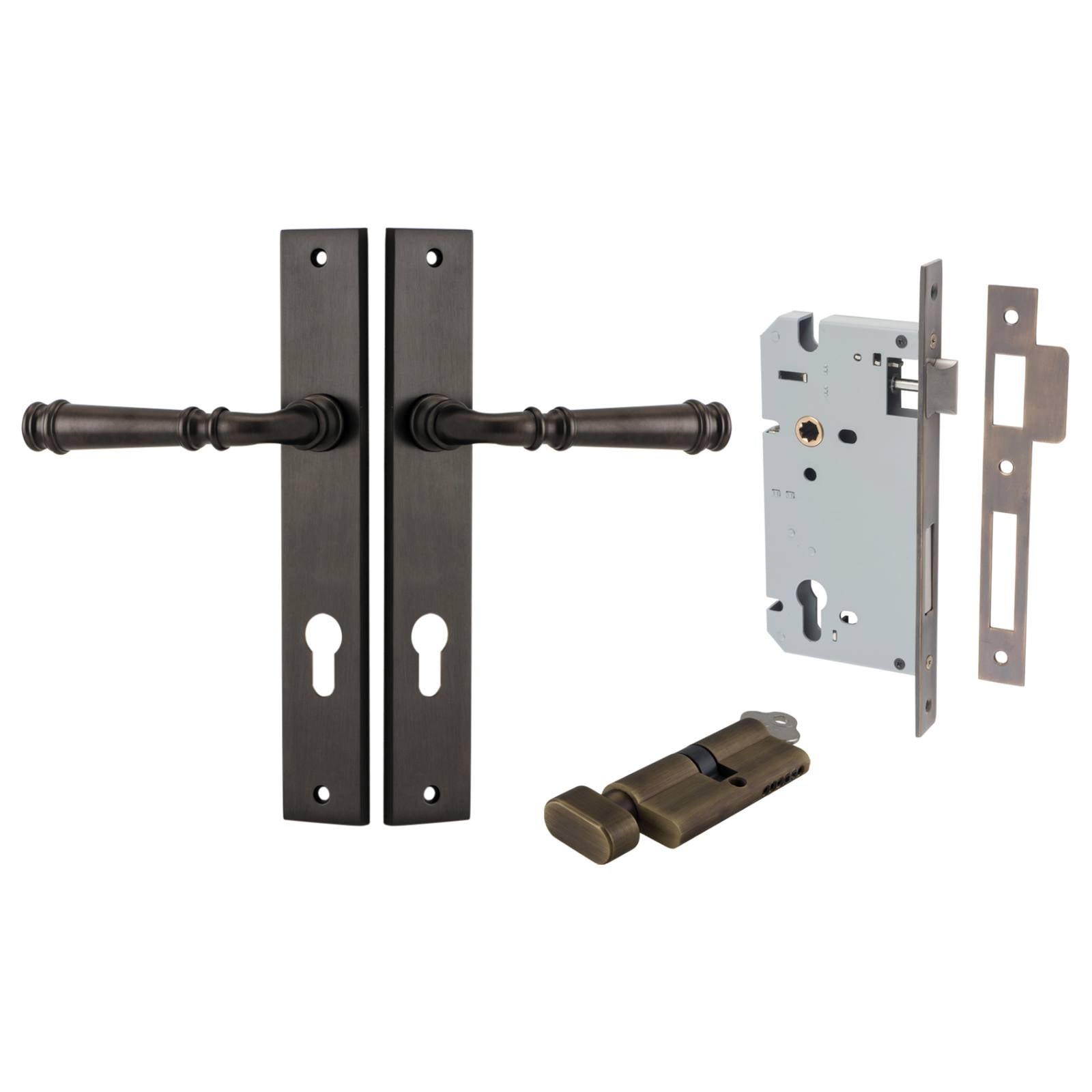 Verona Lever Rectangular Backplate Entrance Kit w High Security Lock Signature Brass