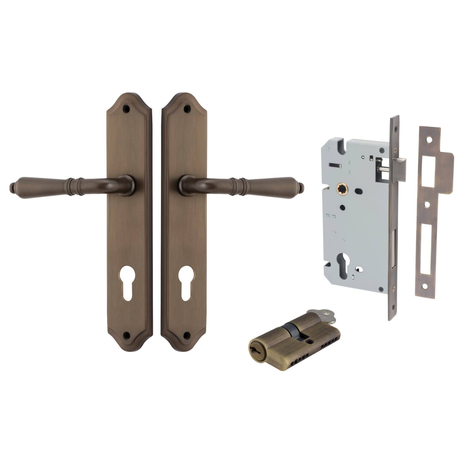 Sarlat Lever Shouldered Backplate Entrance Kit w High Security Lock Signature Brass