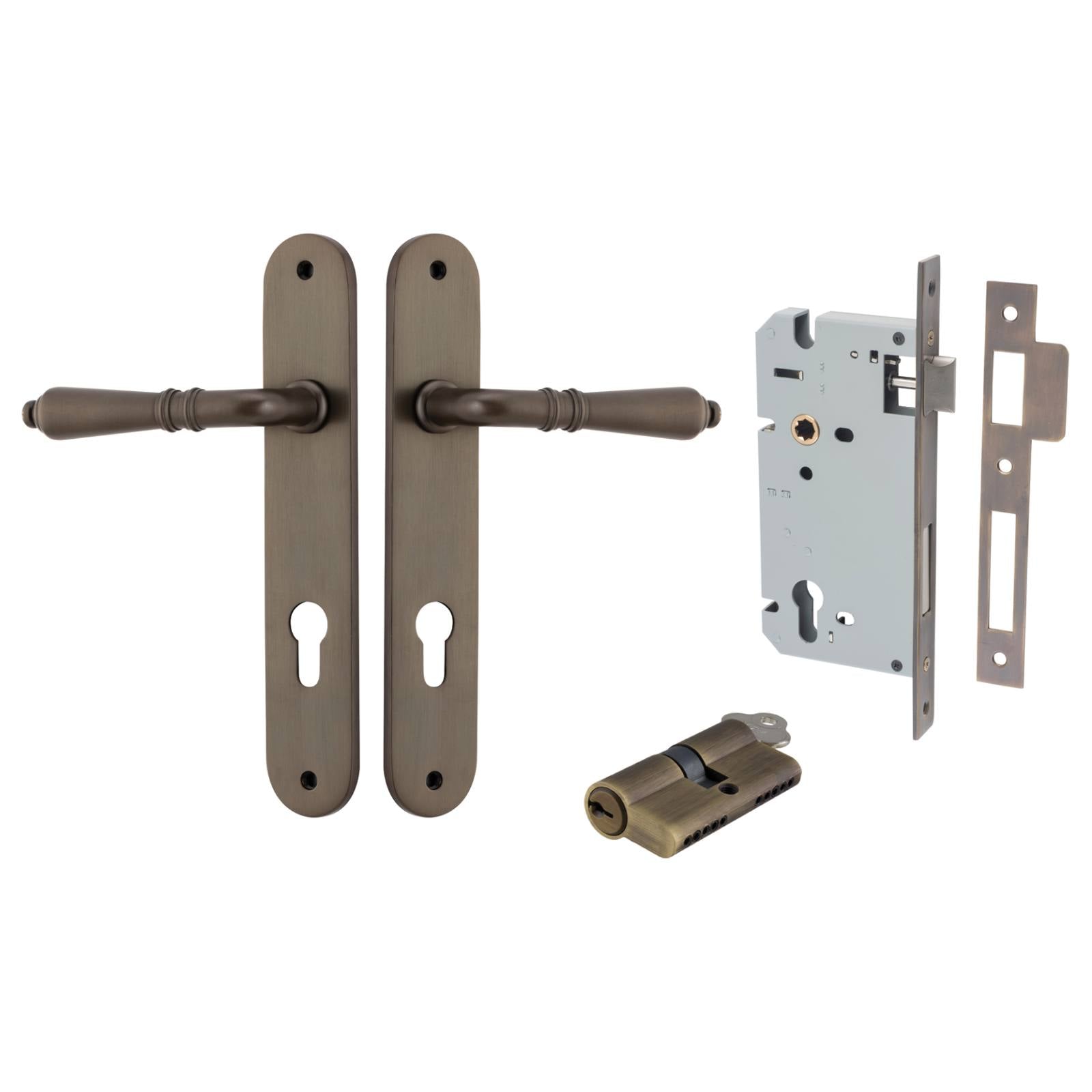 Sarlat Lever Oval Backplate Entrance Kit w High Security Lock Signature Brass
