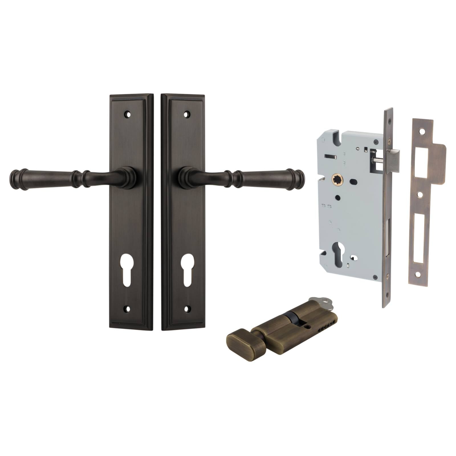 Verona Lever Stepped Backplate Entrance Kit w High Security Lock Signature Brass