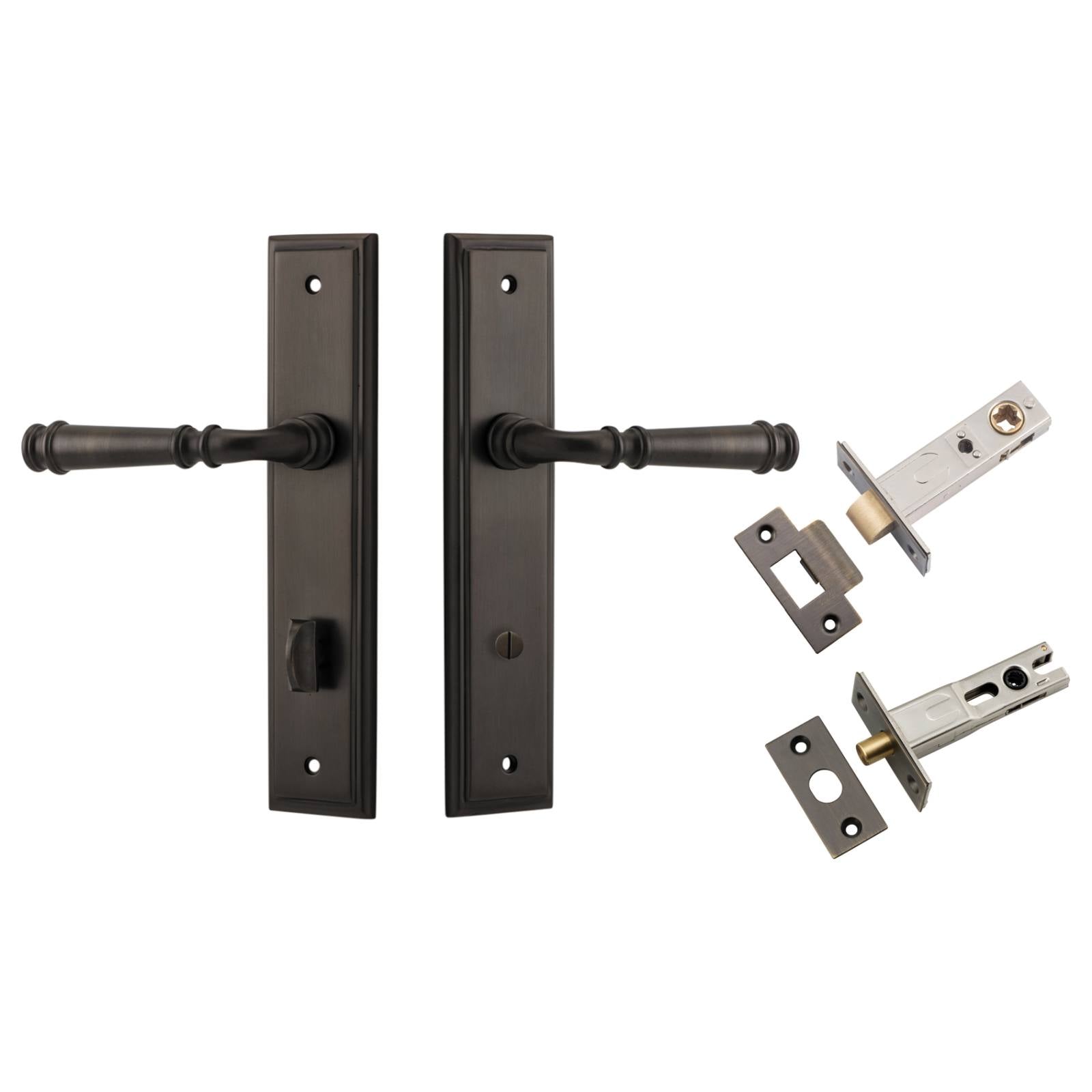 Verona Lever Stepped Backplate Privacy Kit w Privacy Turn Signature Brass