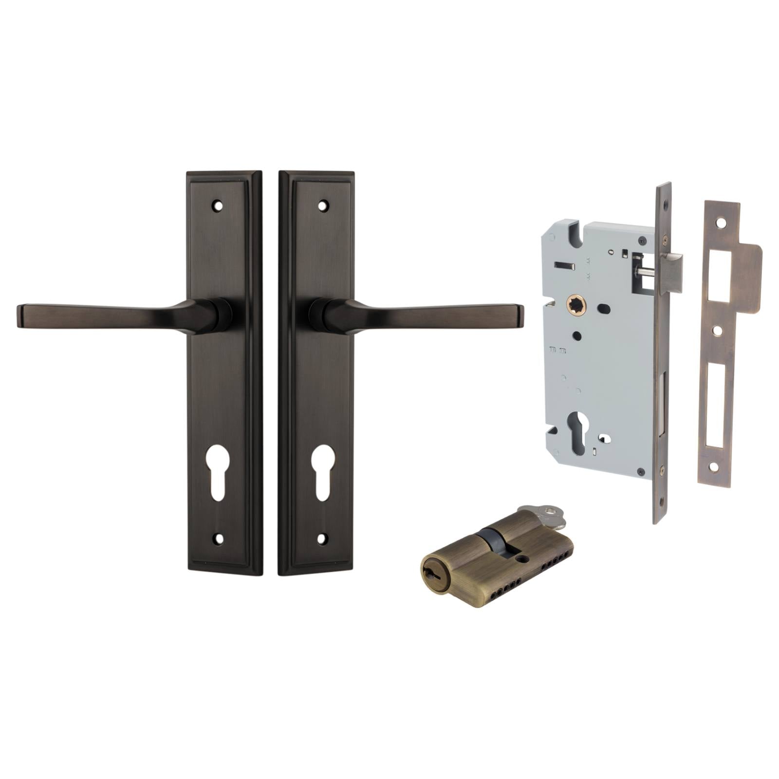 Annecy Lever Stepped Backplate Entrance Kit w High Security Lock Signature Brass