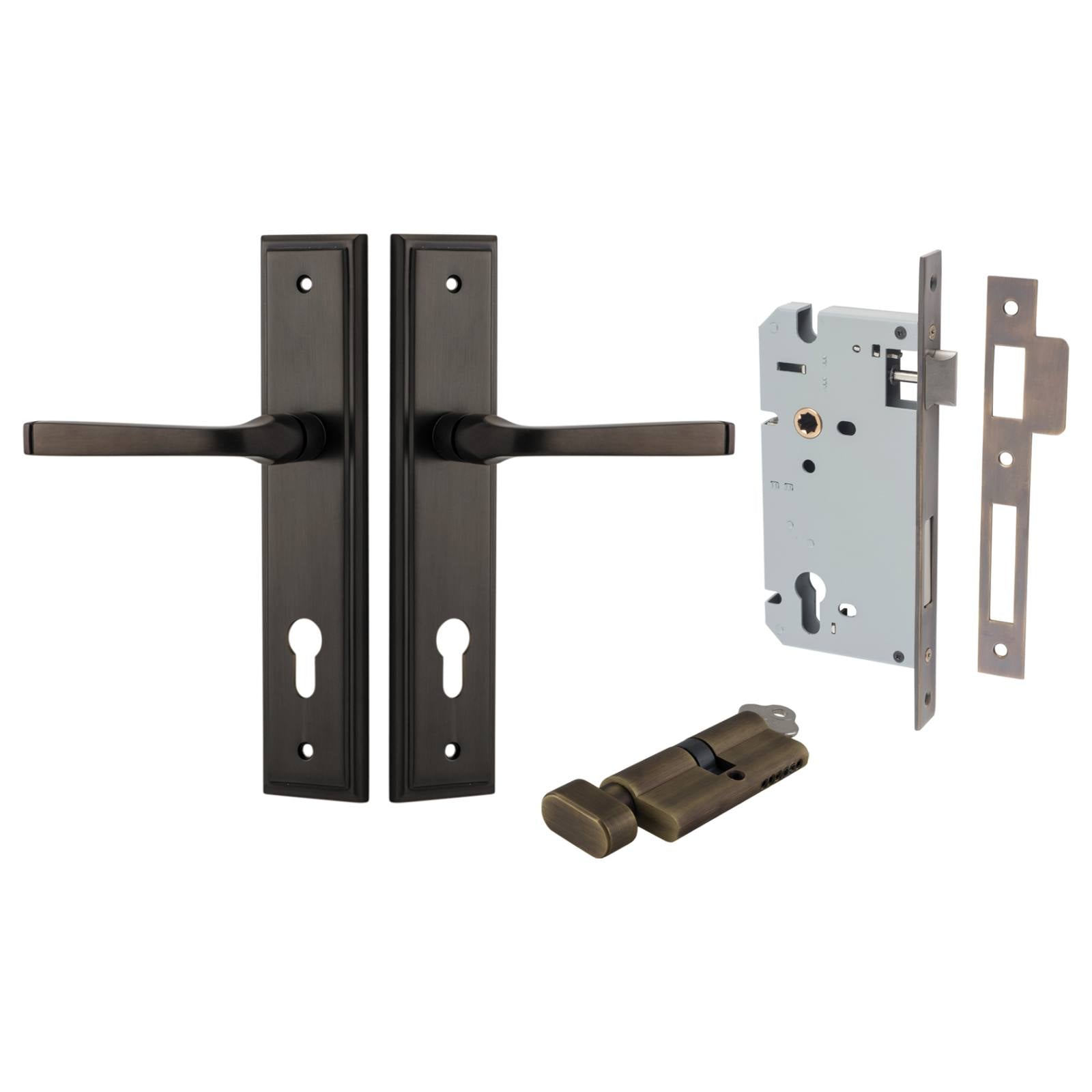 Annecy Lever Stepped Backplate Entrance Kit w High Security Lock Signature Brass