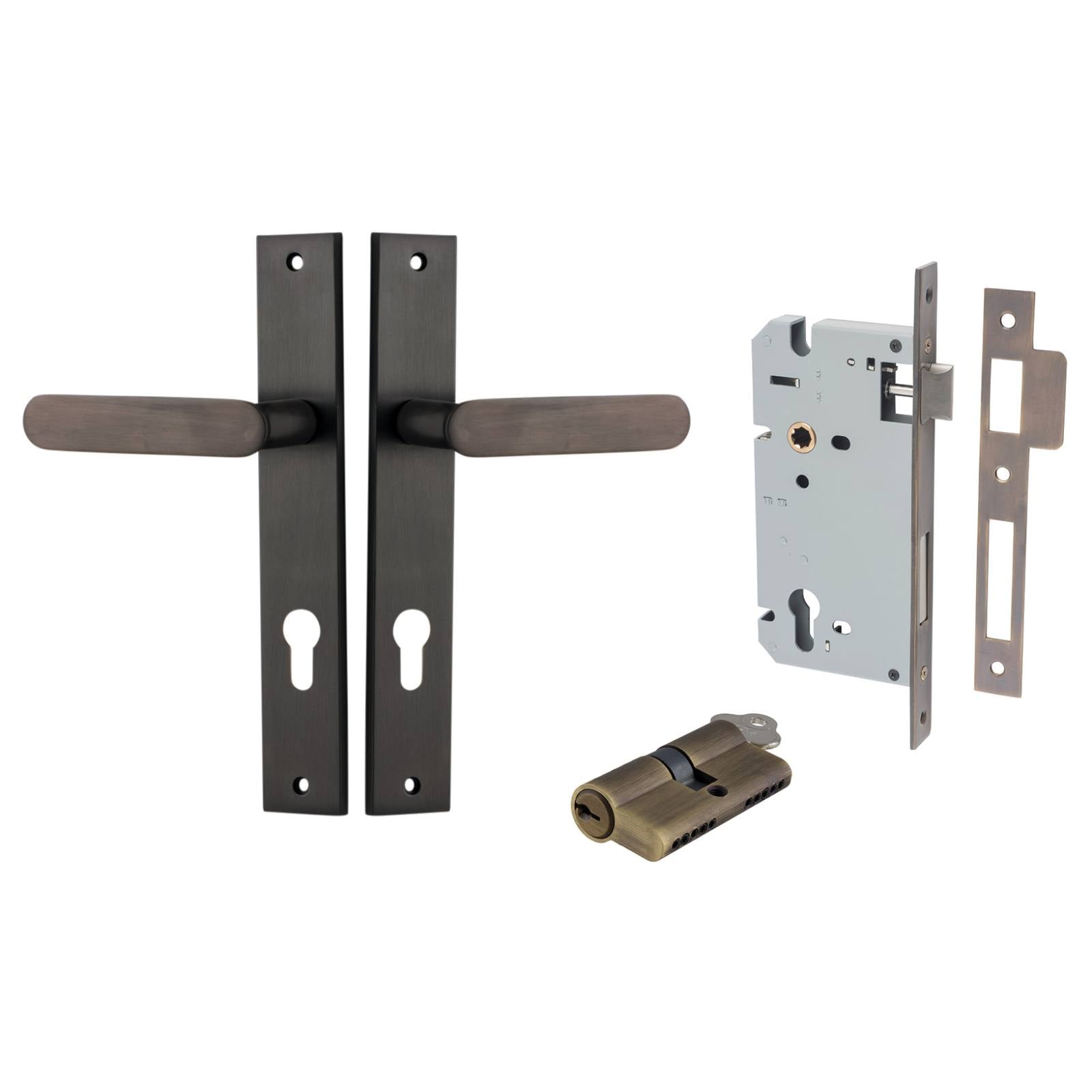Bronte Lever Rectangular Backplate Entrance Kit w High Security Lock Signature Brass