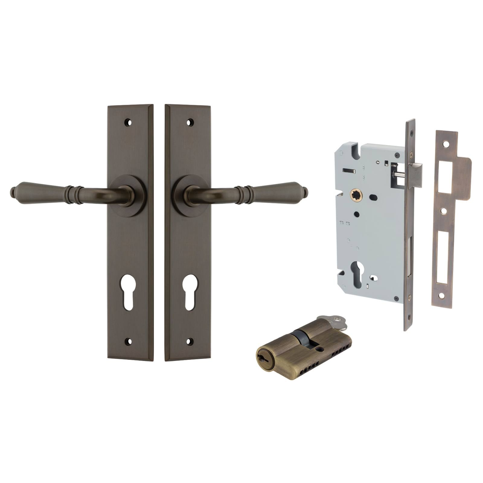 Sarlat Lever Chamfered Backplate Entrance Kit w High Security Lock Signature Brass