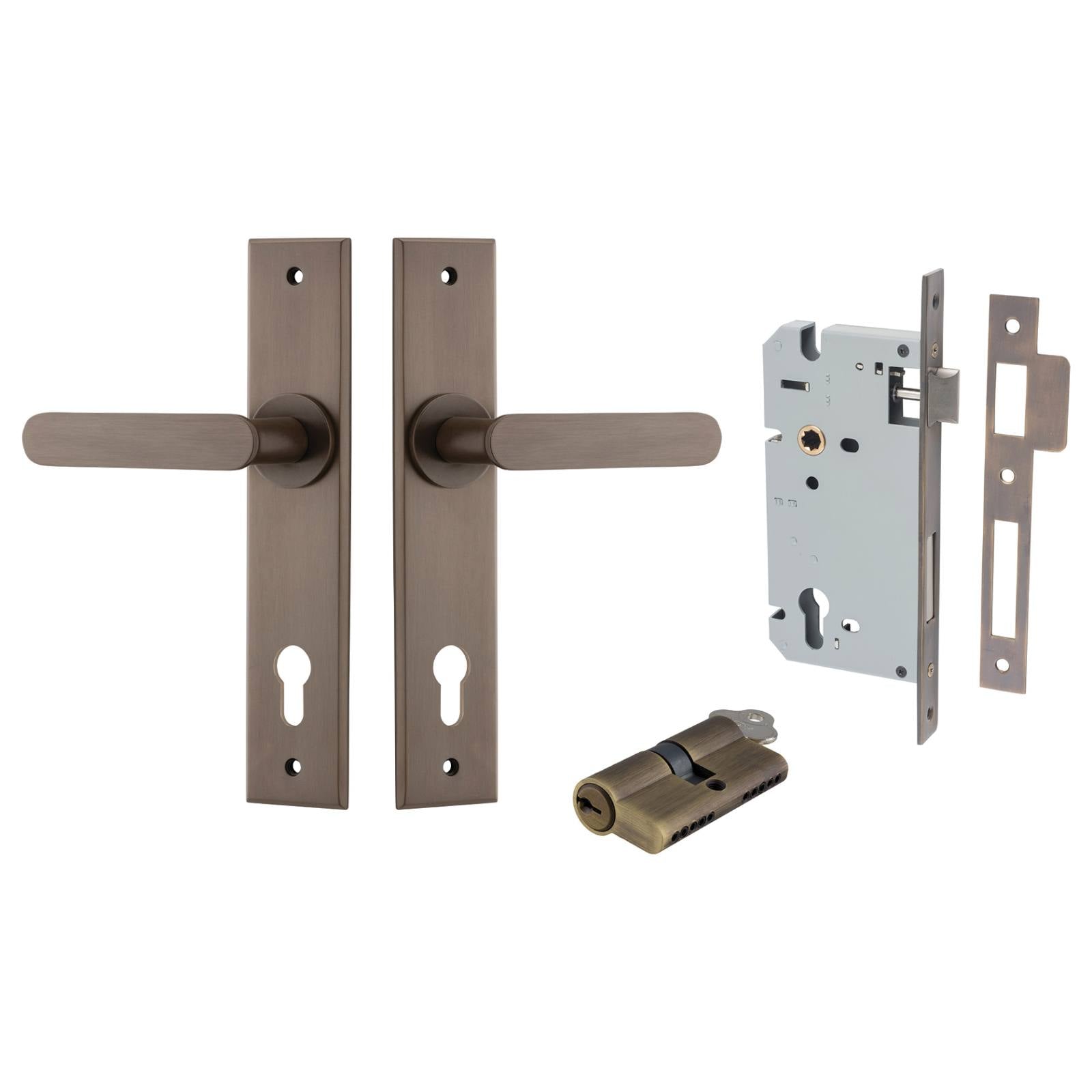 Bronte Lever Chamfered Backplate Entrance Kit w High Security Lock Signature Brass