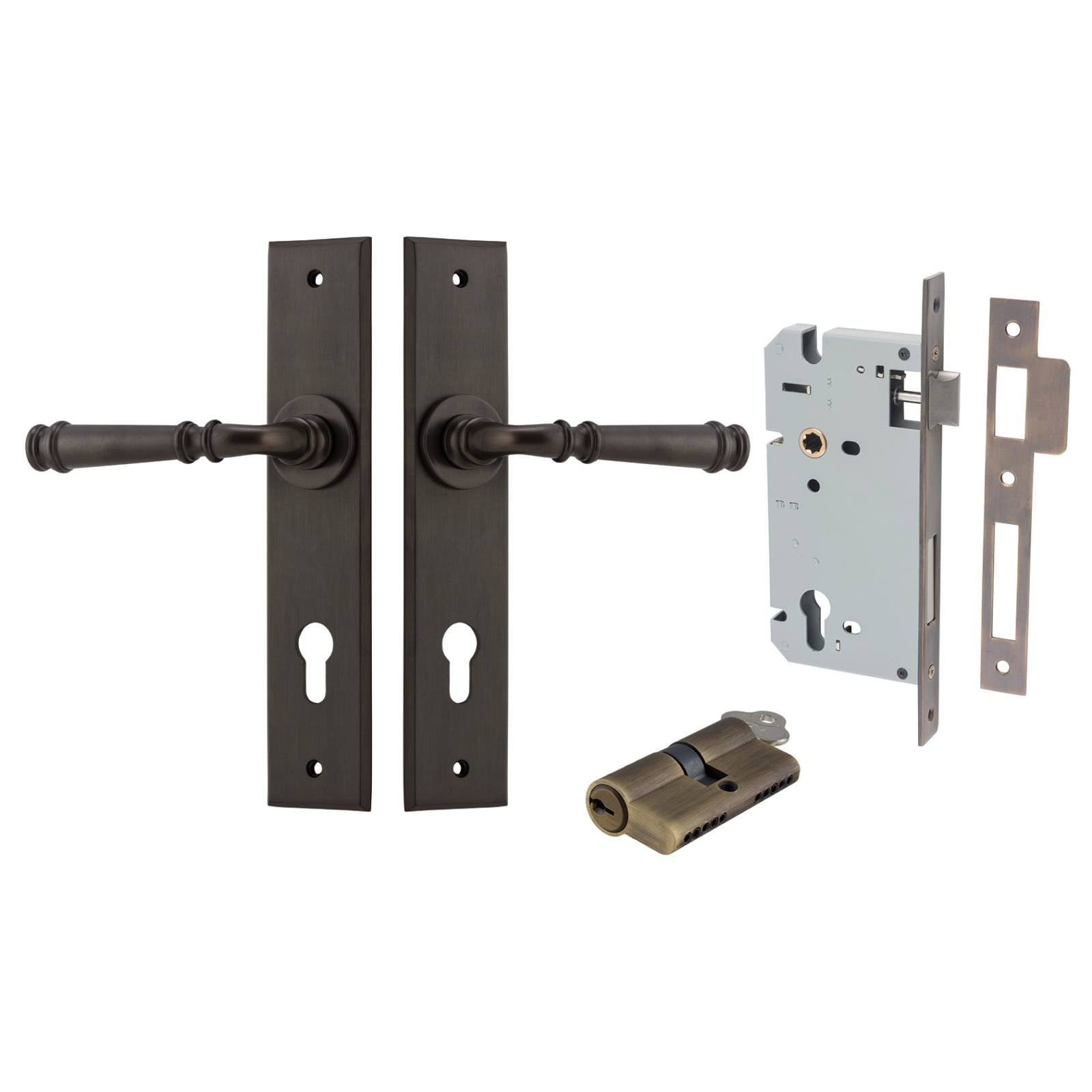 Verona Lever Chamfered Backplate Entrance Kit w High Security Lock Signature Brass