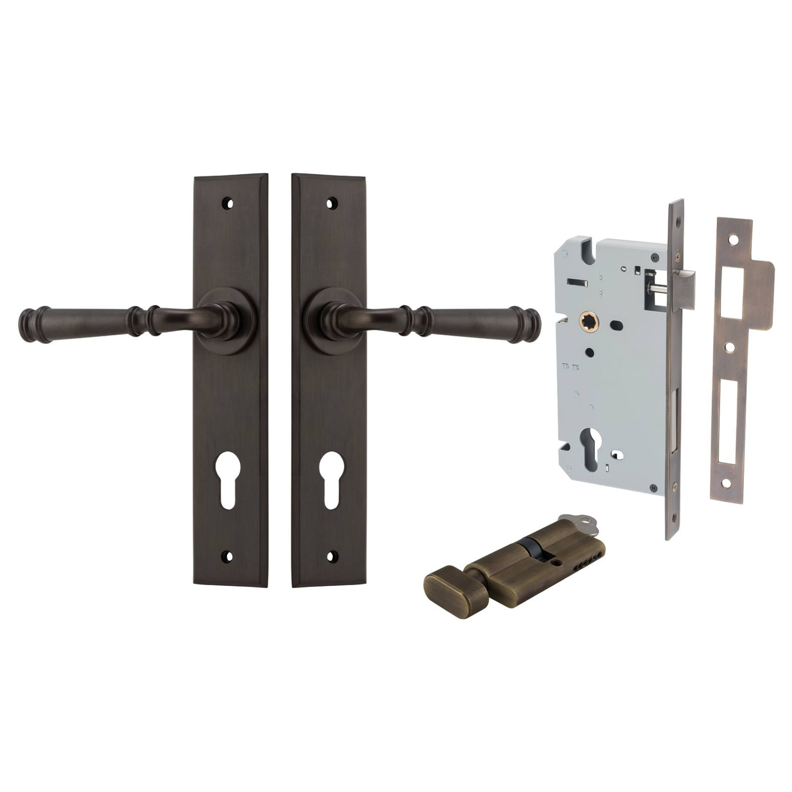 Verona Lever Chamfered Backplate Entrance Kit w High Security Lock Signature Brass