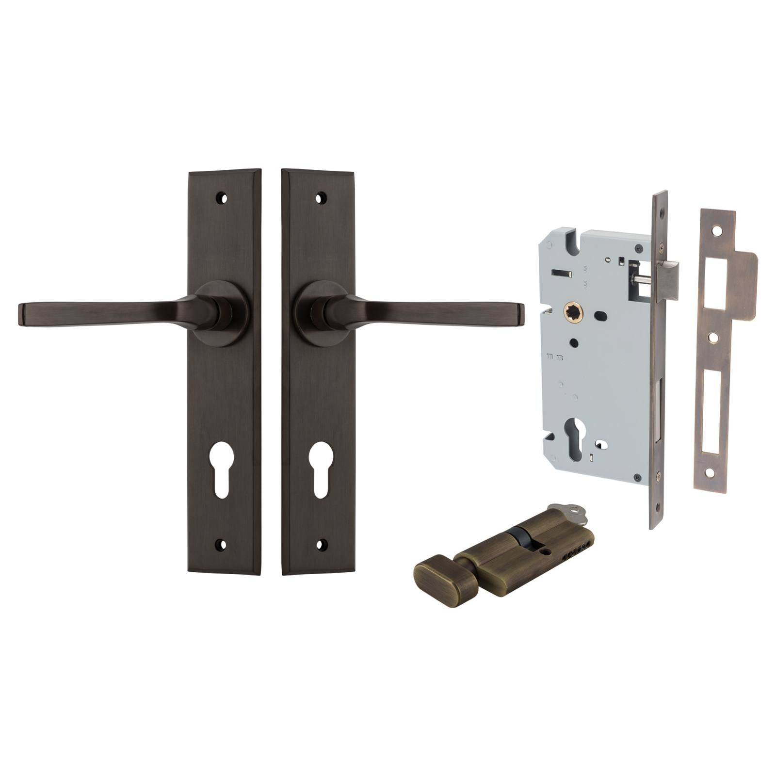 Annecy Lever Chamfered Backplate Entrance Kit w High Security Lock Signature Brass