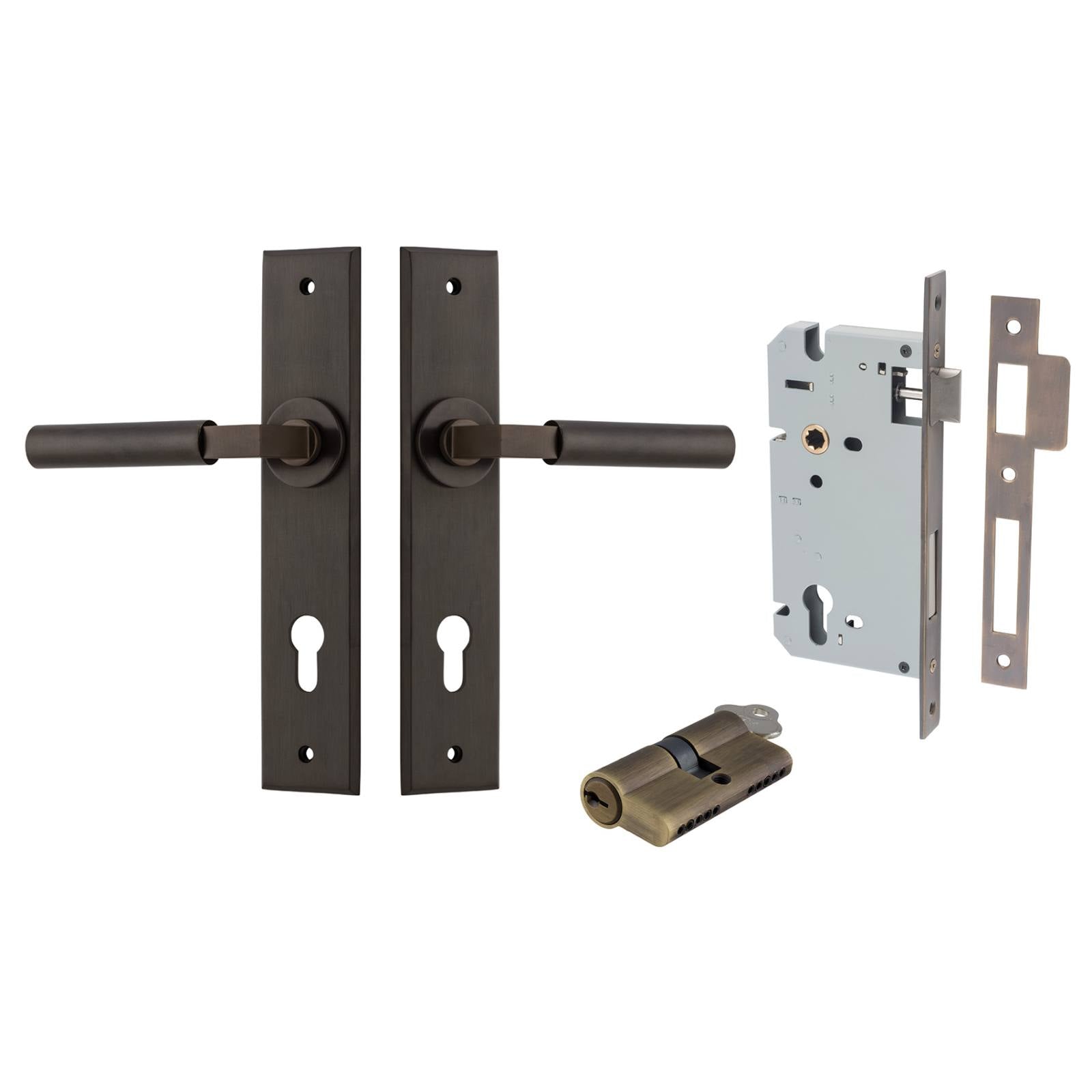 Berlin Lever Chamfered Backplate Entrance Kit w High Security Lock Signature Brass
