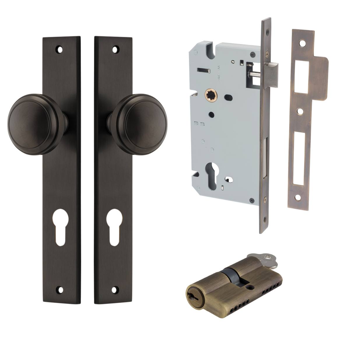 Paddington Knob Rectangular Backplate Entrance Kit w High Security Lock Signature Brass