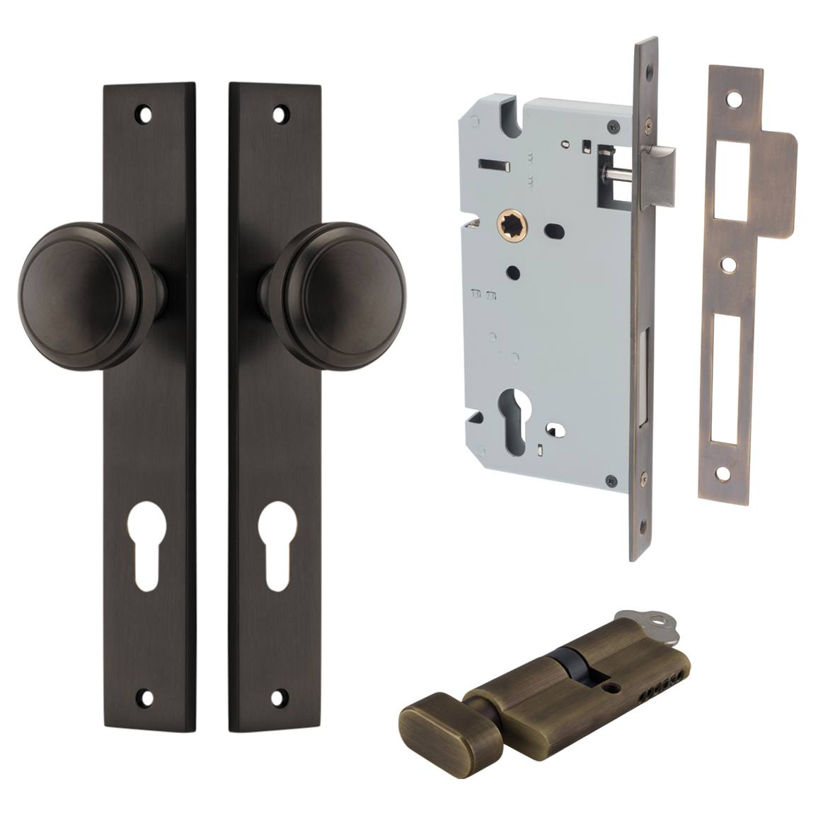 Paddington Knob Rectangular Backplate Entrance Kit w High Security Lock Signature Brass