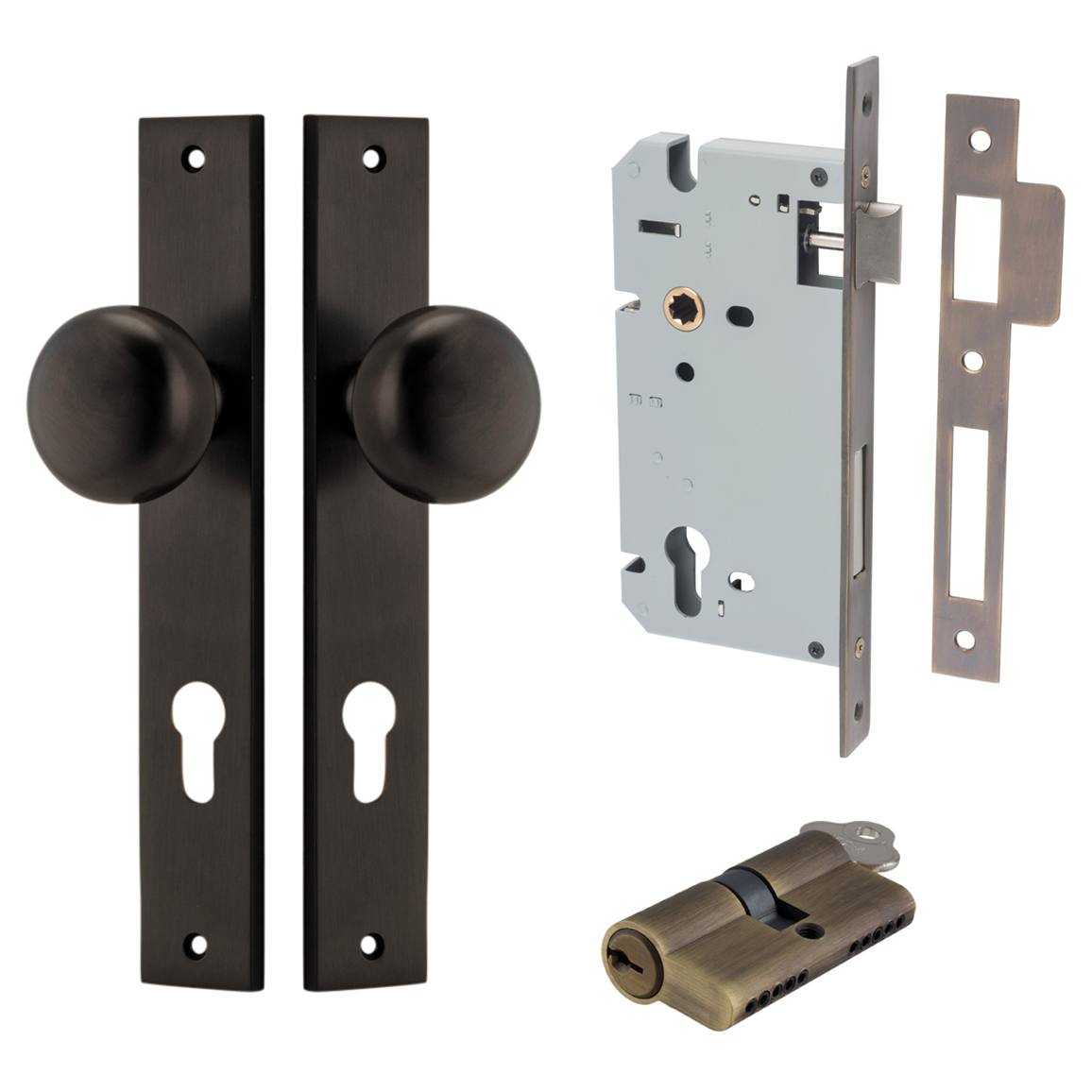 Cambridge Knob Rectangular Backplate Entrance Kit w High Security Lock Signature Brass