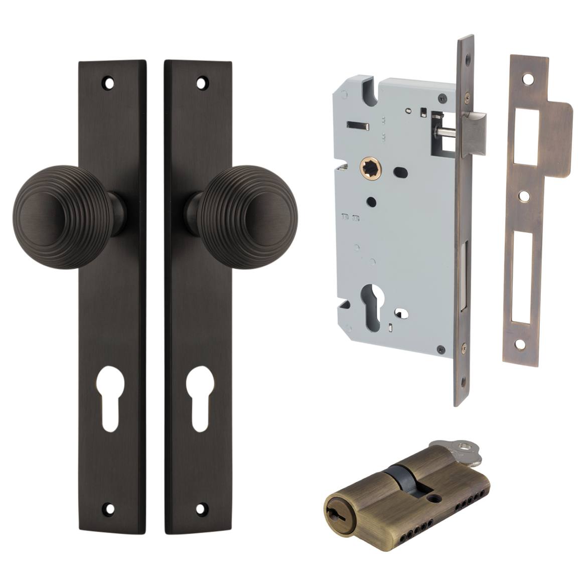 Guildford Knob Rectangular Backplate Entrance Kit w High Security Lock Signature Brass