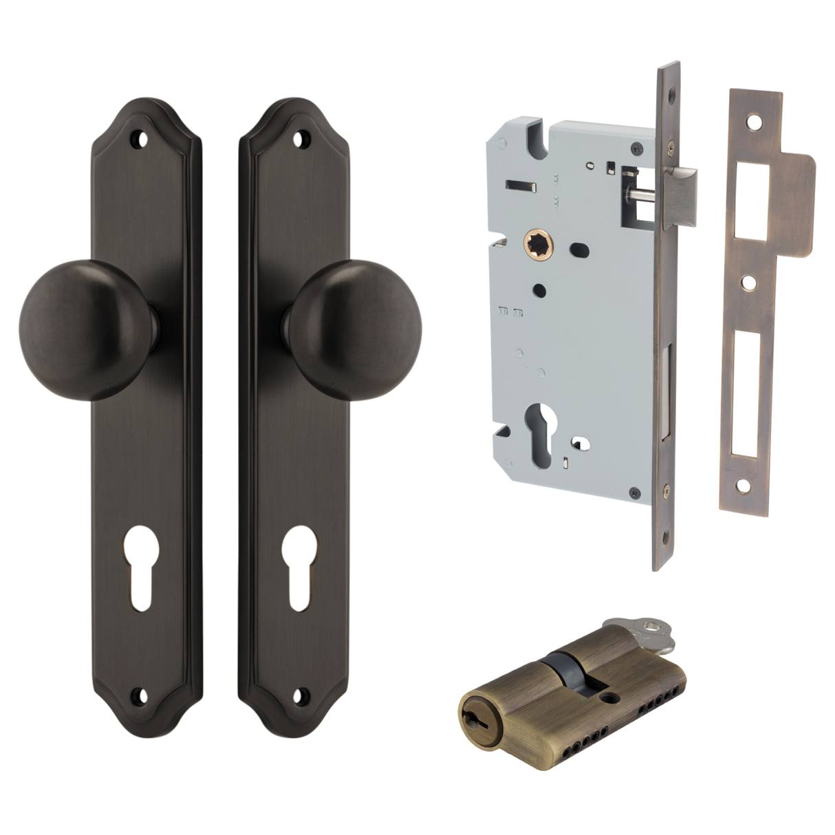 Cambridge Knob Shouldered Backplate Entrance Kit w High Security Lock Signature Brass