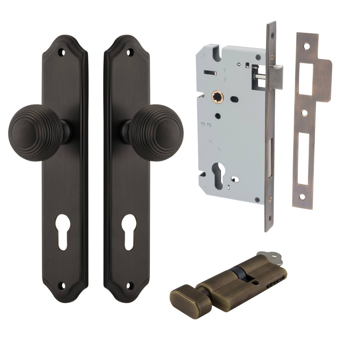 Guildford Knob Shouldered Backplate Entrance Kit w High Security Lock Signature Brass