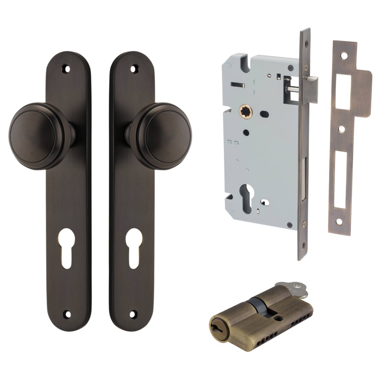 Paddington Knob Oval Backplate Entrance Kit w High Security Lock Signature Brass