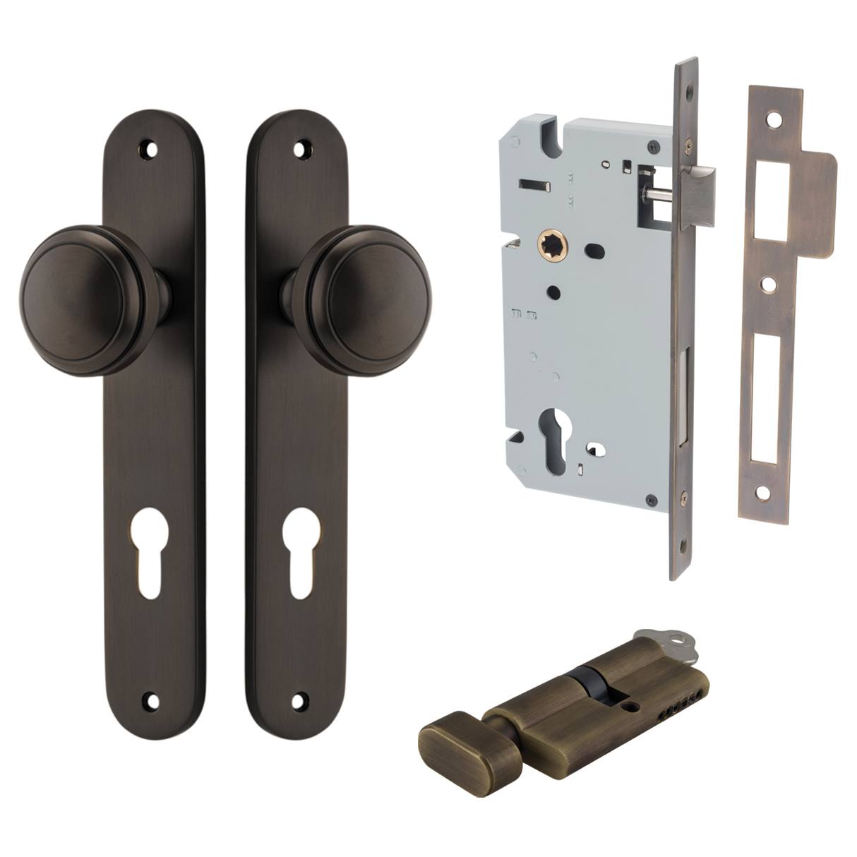 Paddington Knob Oval Backplate Entrance Kit w High Security Lock Signature Brass