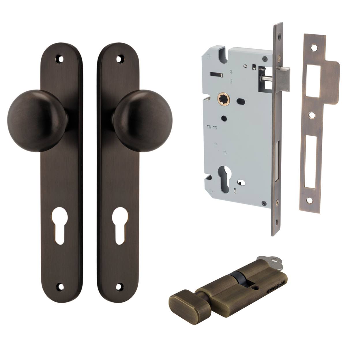 Cambridge Knob Oval Backplate Entrance Kit w High Security Lock Signature Brass