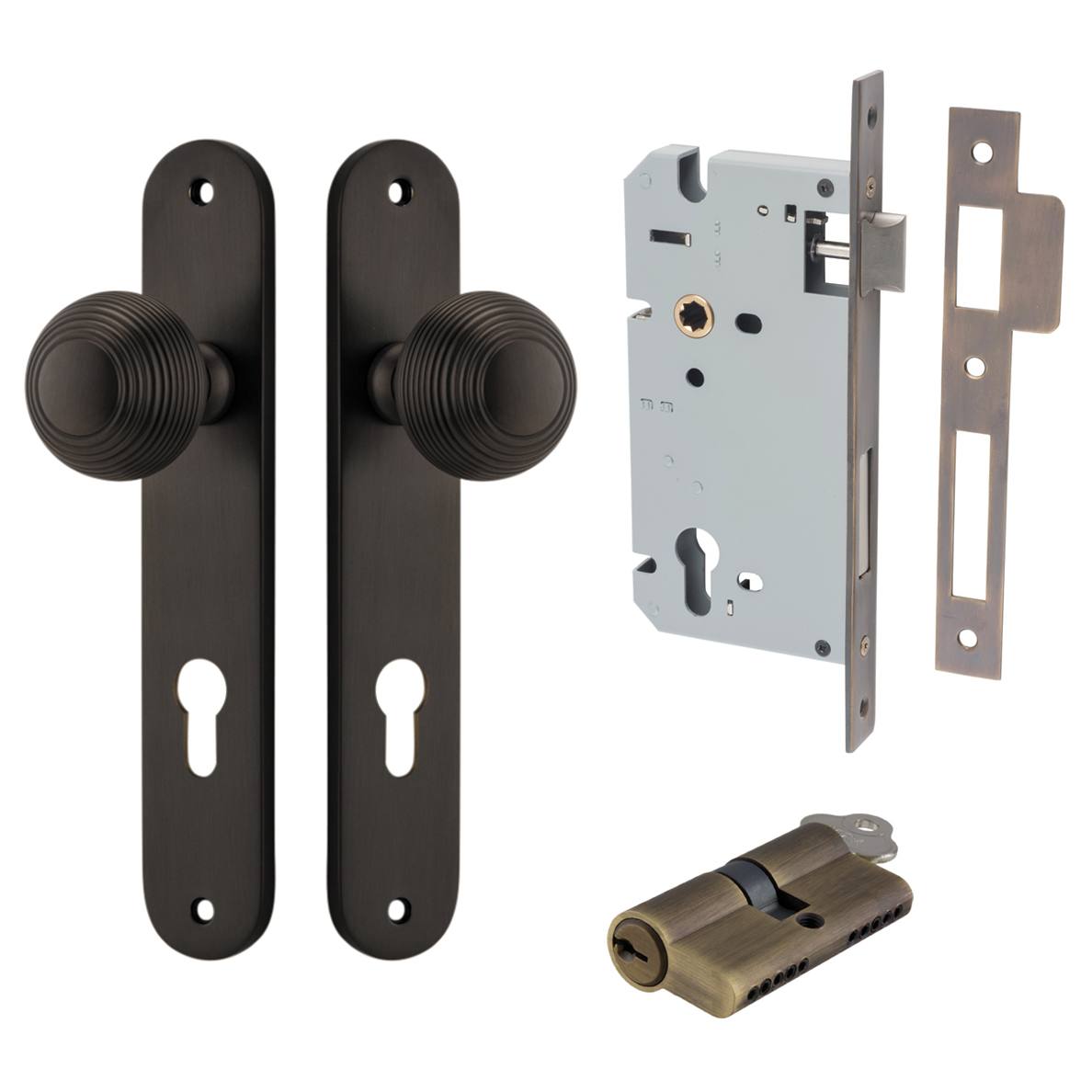 Guildford Knob Oval Backplate Entrance Kit w High Security Lock Signature Brass