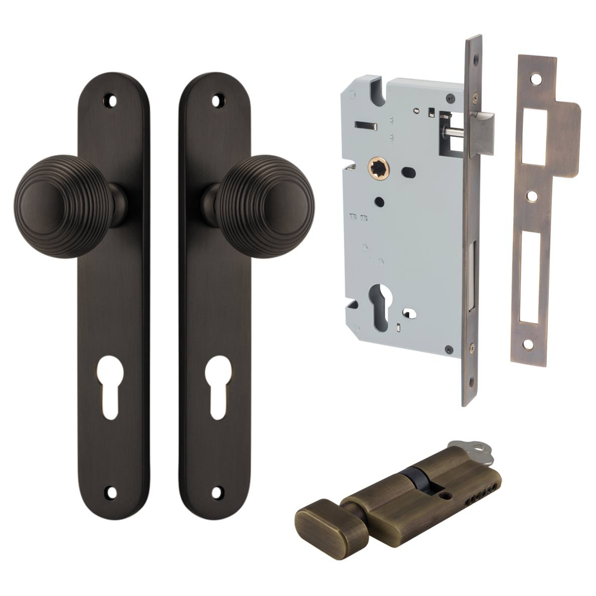 Guildford Knob Oval Backplate Entrance Kit w High Security Lock Signature Brass