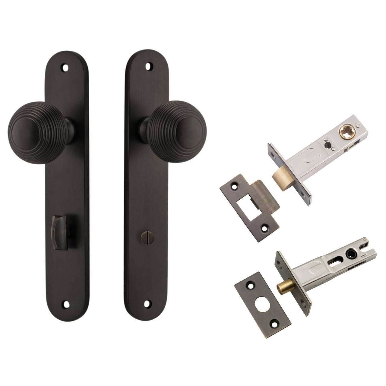 Guildford Knob Oval Backplate Privacy Kit w Privacy Turn Signature Brass