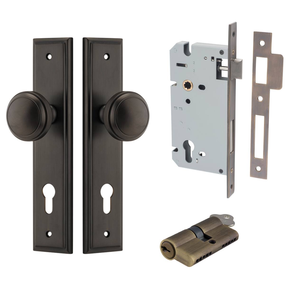 Paddington Knob Stepped Backplate Entrance Kit w High Security Lock Signature Brass