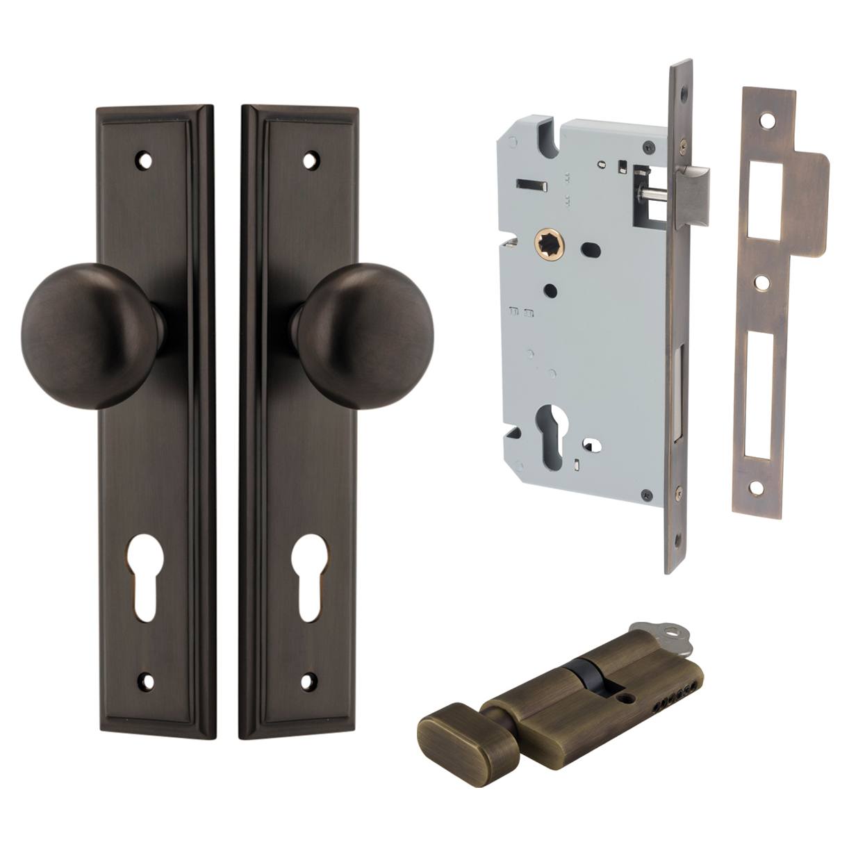 Cambridge Knob Stepped Backplate Entrance Kit w High Security Lock Signature Brass