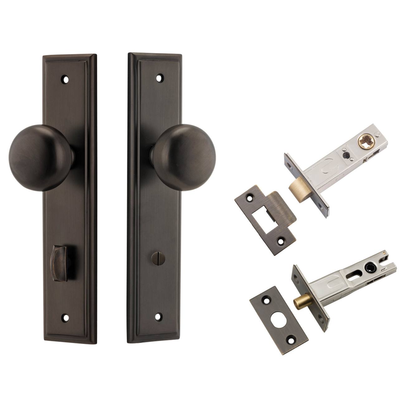Cambridge Knob Stepped Backplate Privacy Kit with Privacy Turn Signature Brass
