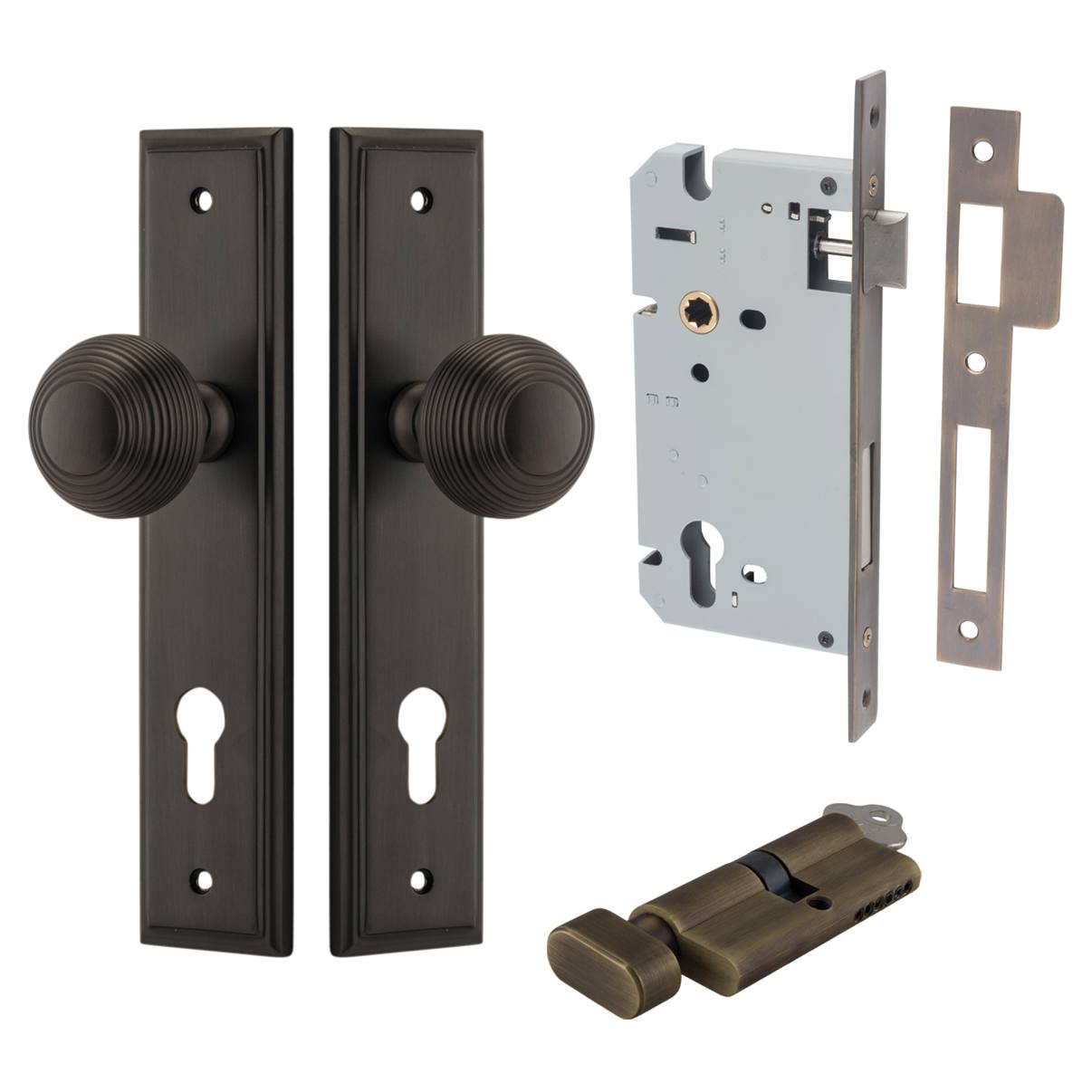 Guildford Knob Stepped Backplate Entrance Kit w High Security Lock Signature Brass