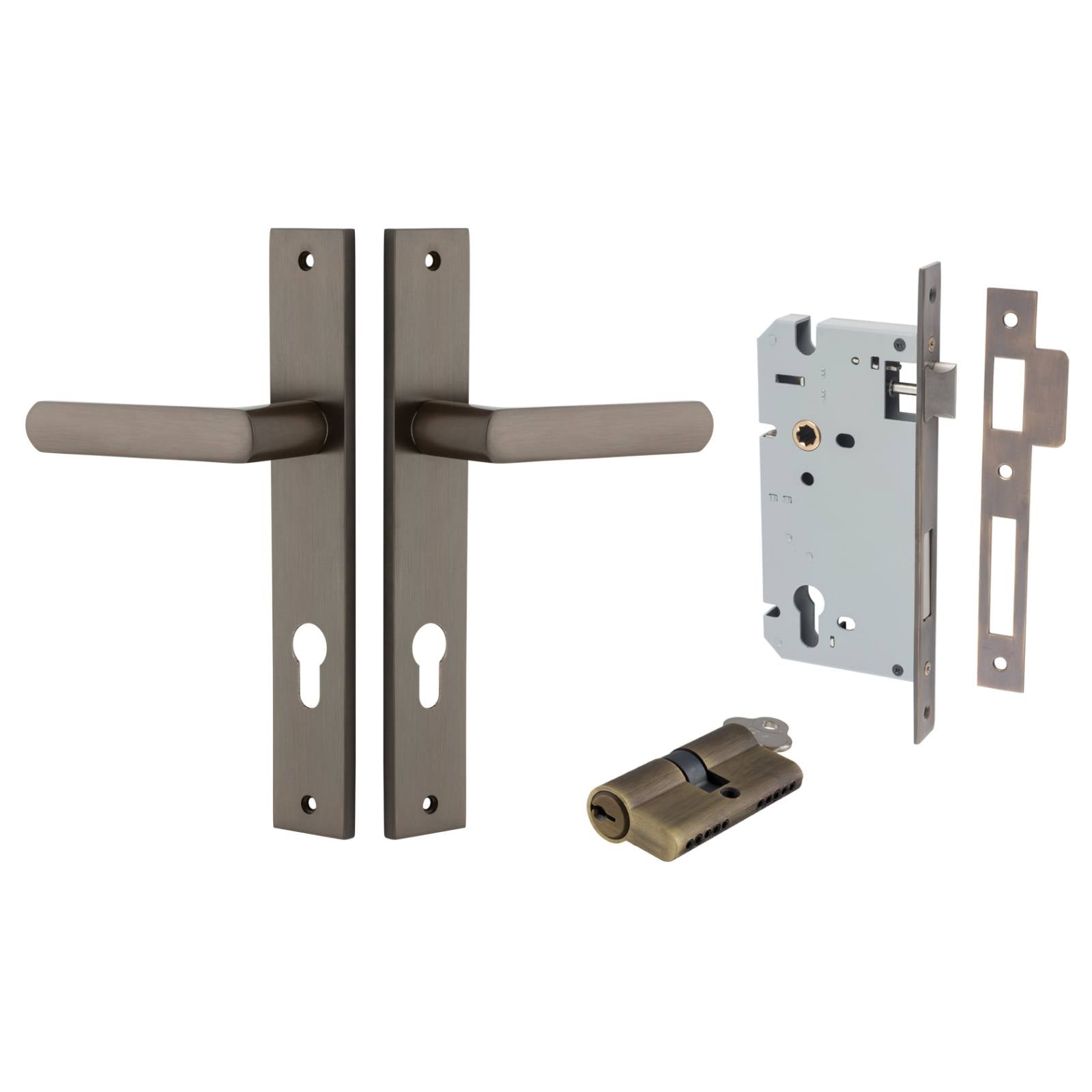 Osaka Lever Rectangular Backplate Entrance Kit w High Security Lock Signature Brass
