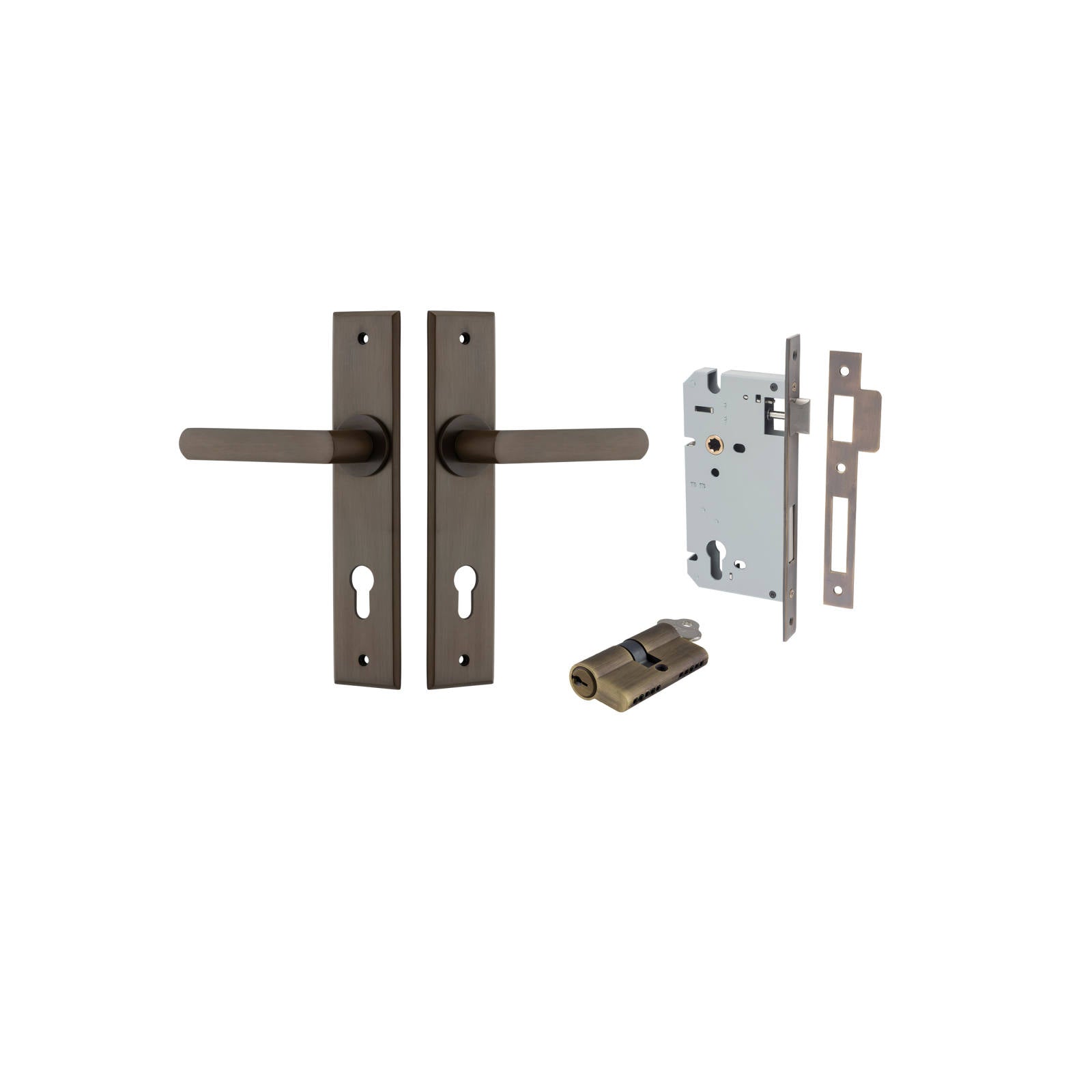 Osaka Lever Chamfered Backplate Entrance Kit w High Security Lock Signature Brass