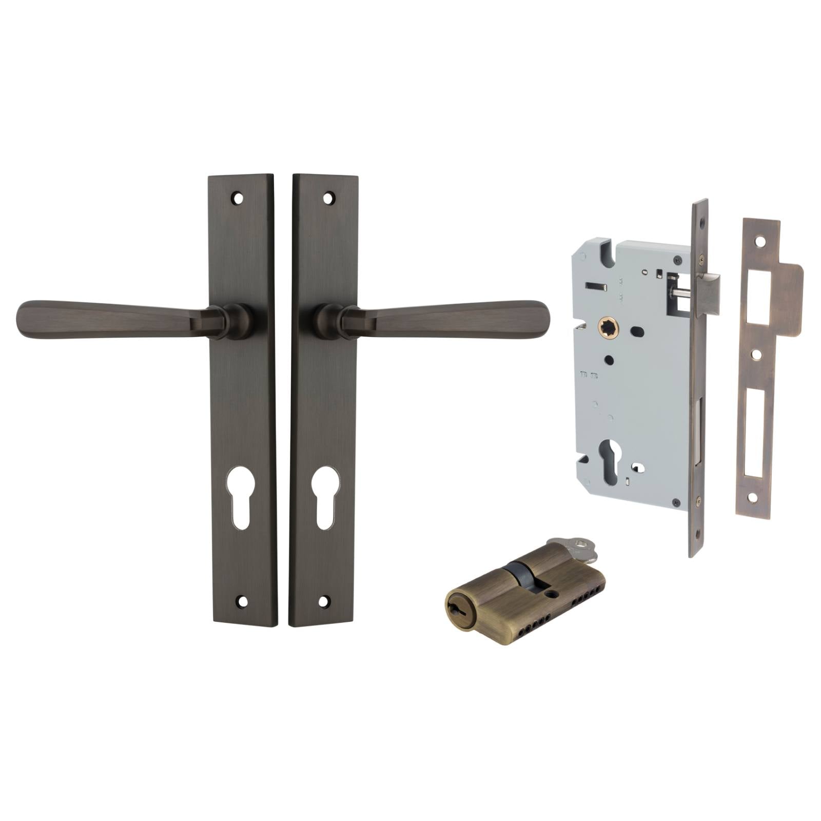 Copenhagen Lever Rectangular Backplate Entrance Kit w High Security Lock Signature Brass