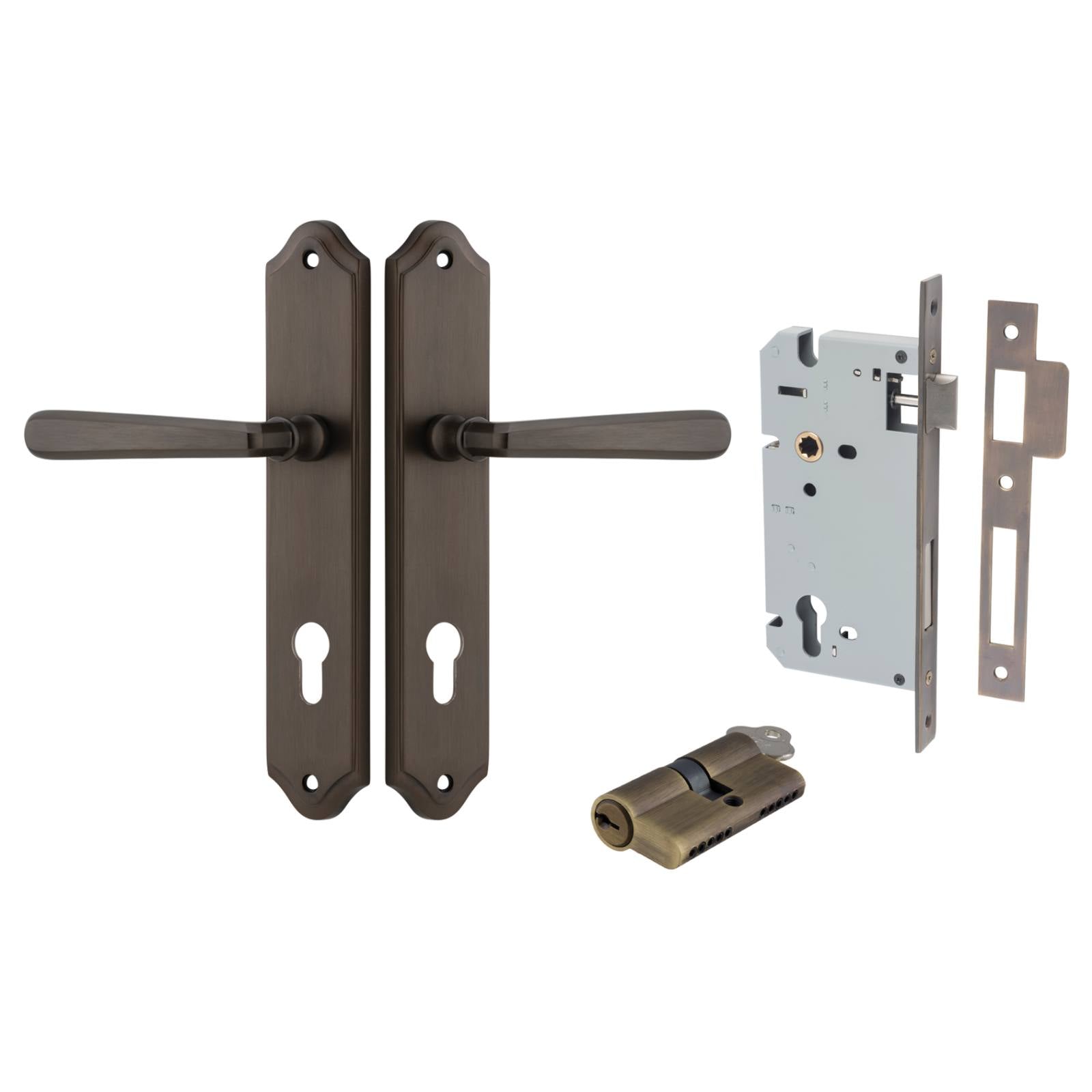 Copenhagen Lever Shouldered Backplate Entrance Kit w High Security Lock Signature Brass