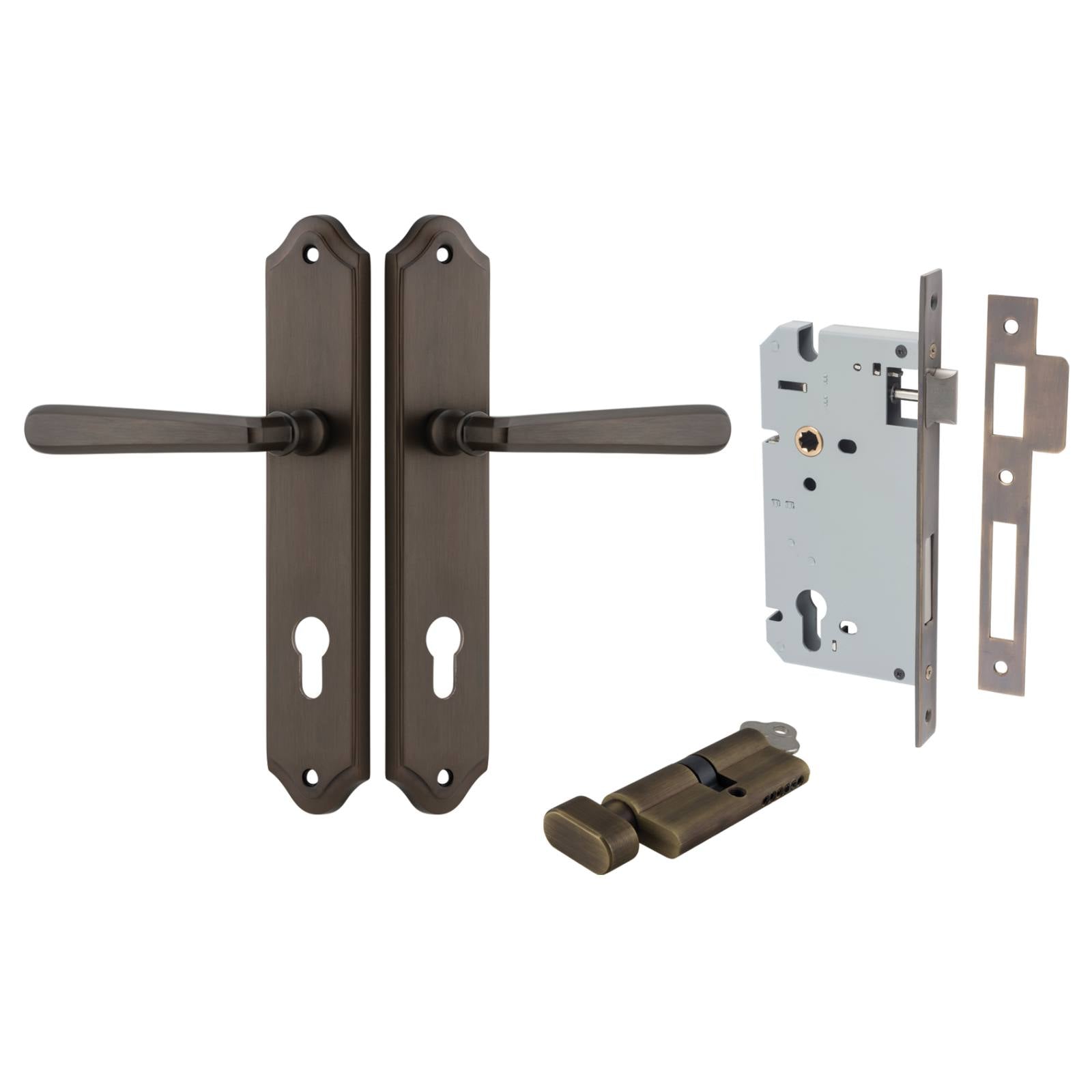 Copenhagen Lever Shouldered Backplate Entrance Kit w High Security Lock Signature Brass