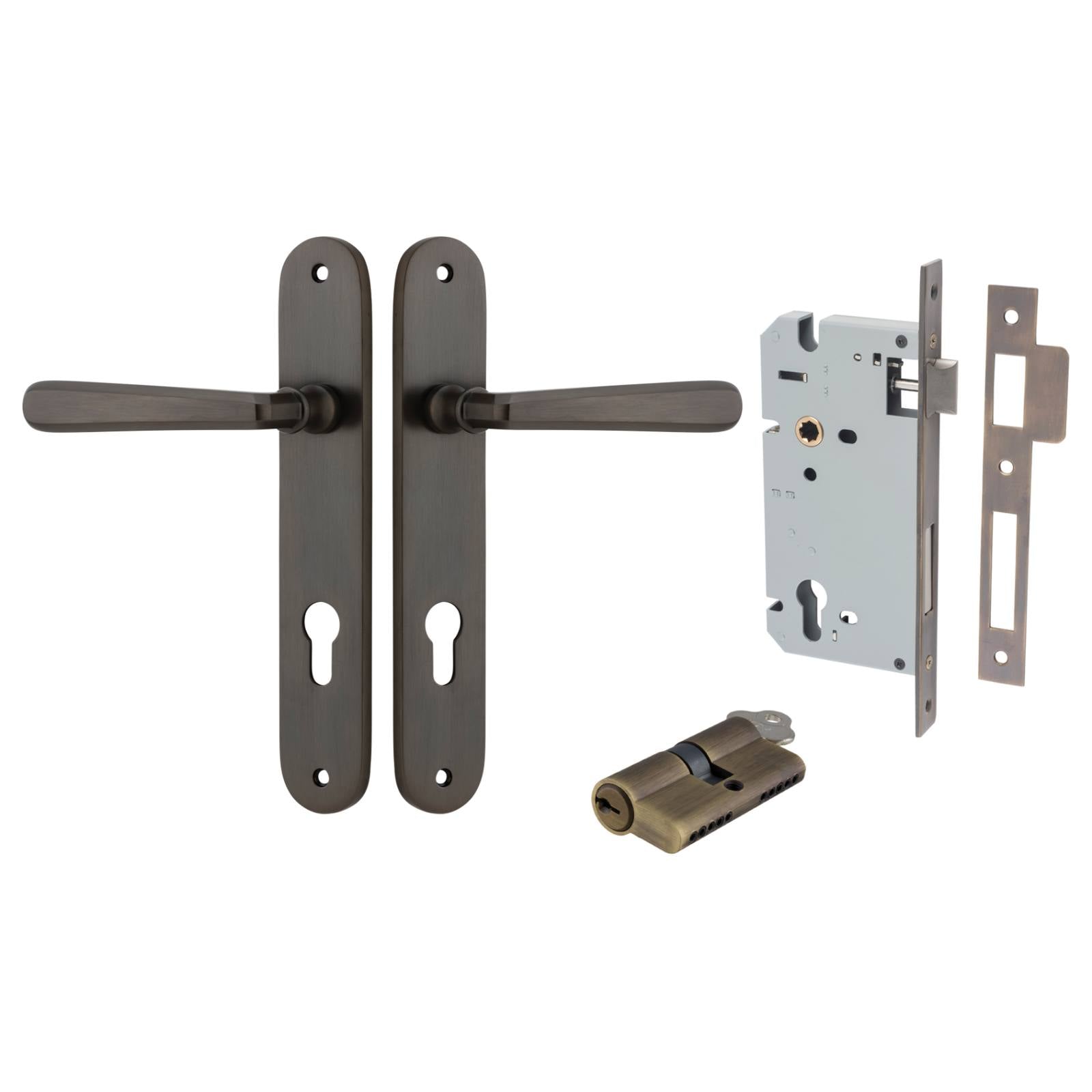 Copenhagen Lever Oval Backplate Entrance Kit w High Security Lock Signature Brass