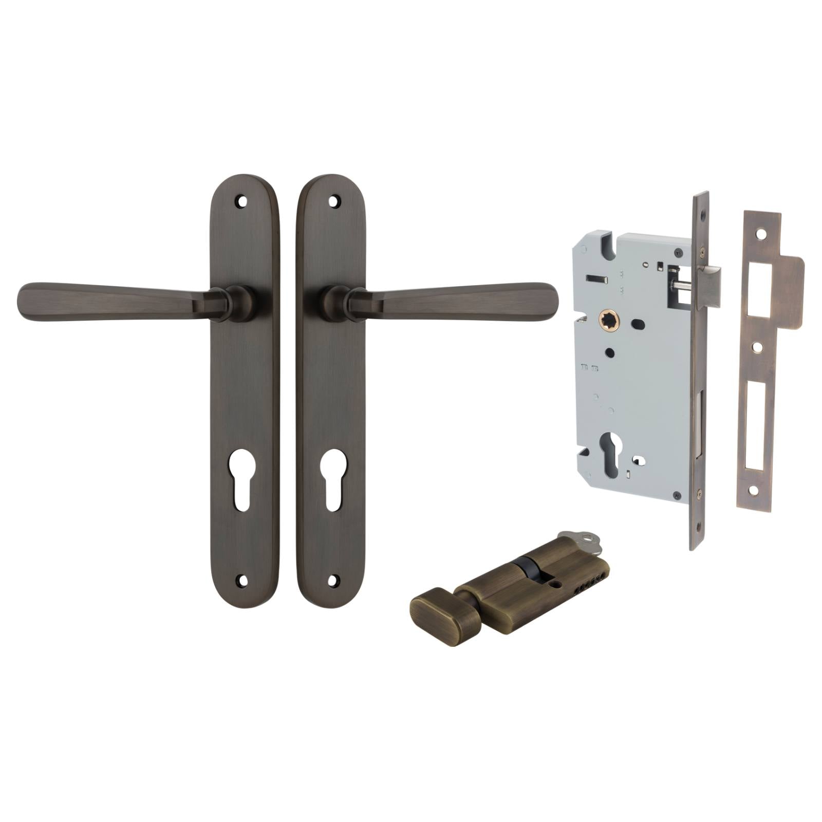 Copenhagen Lever Oval Backplate Entrance Kit w High Security Lock Signature Brass