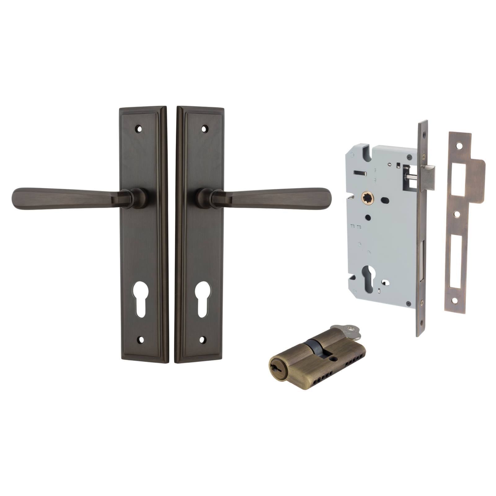 Copenhagen Lever Stepped Backplate Entrance Kit w High Security Lock Signature Brass