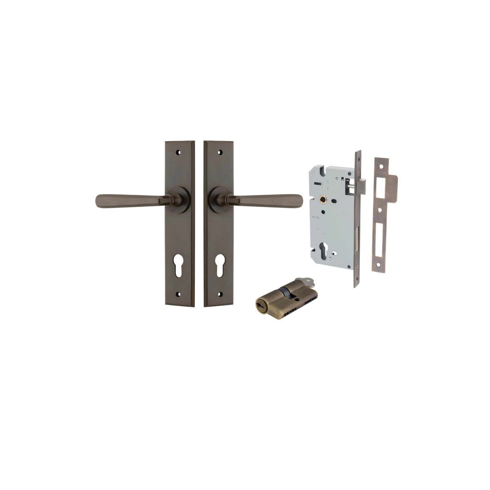 Copenhagen Lever Chamfered Backplate Entrance Kit w High Security Lock Signature Brass