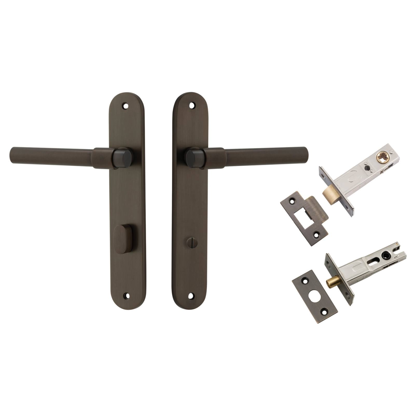 Helsinki Lever Signature Brass Oval Backplate Privacy Kit With Privacy Turn